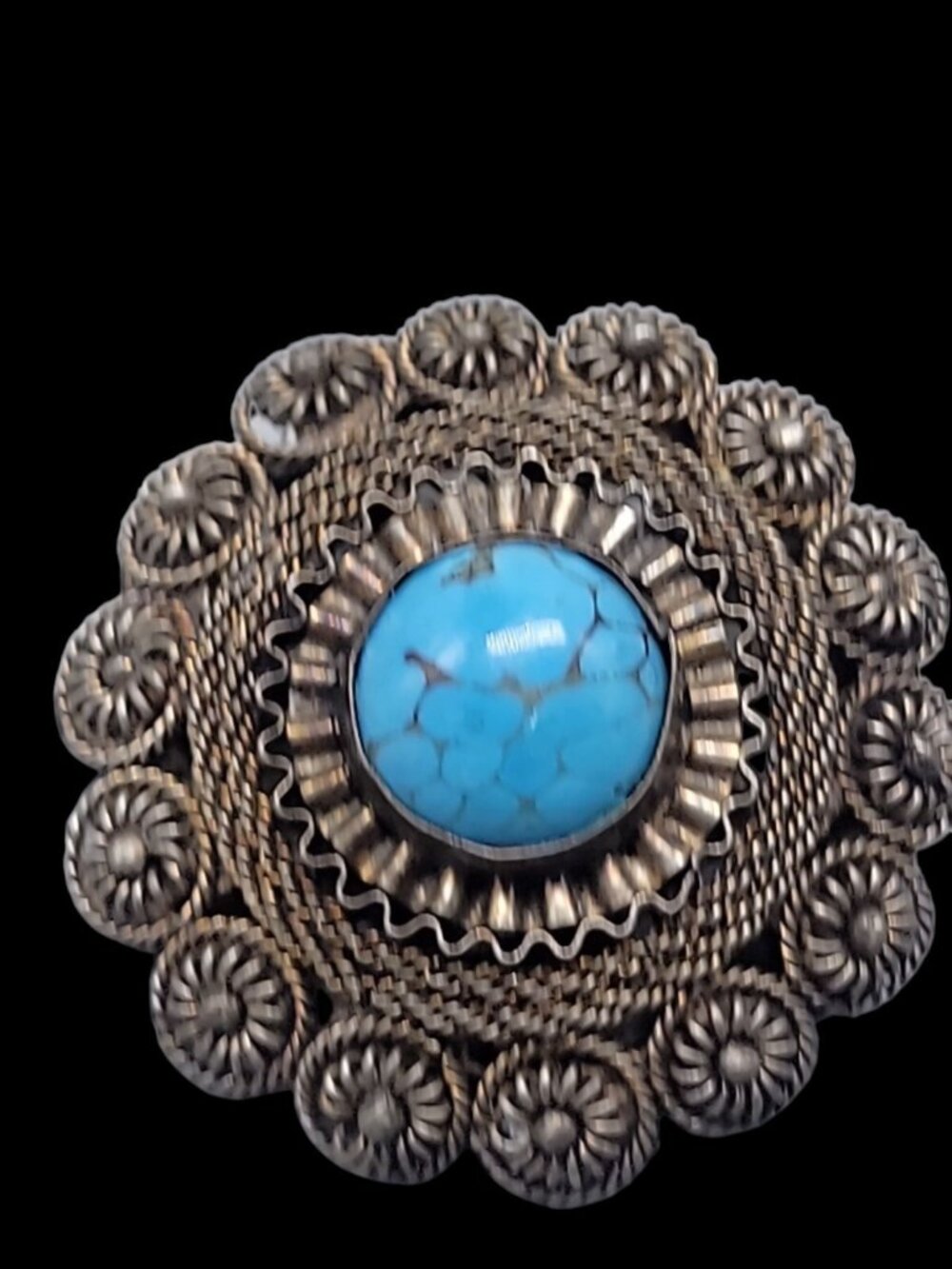 Faux Turquoise Silver Plated Brooch Pendant Blue Glass Filigree Setting Vintage - Picture 4 of 16